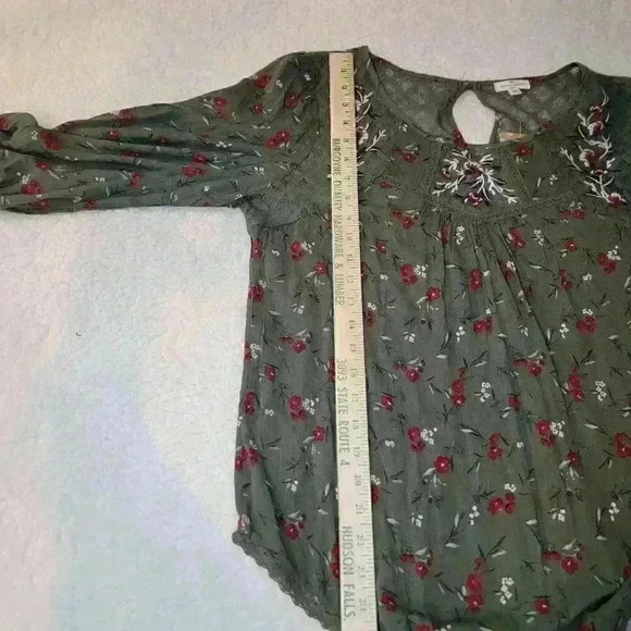 Mason Belle Blouse Top Womens Medium Maroon Floral Green Stretch Keyhole Boho - Picture 14 of 16